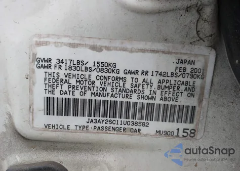 2001 Mitsubishi Mirage Es z USA, uszkodzony, nr VIN JA3AY26C11U038582